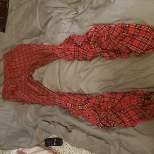 stacked plaid pants